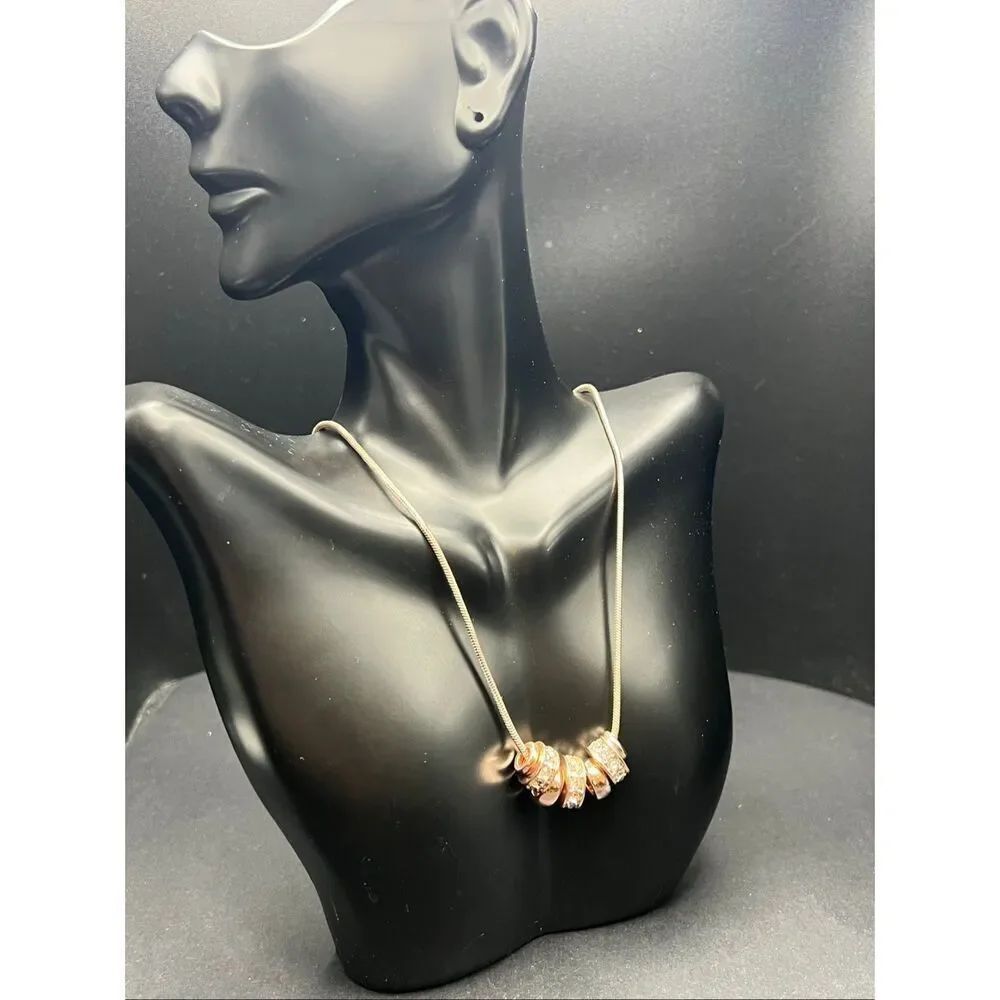 NWT! Guess Rose Gold Tone Snake Chain Rhinestone Sliding Rondelle Ring Necklace